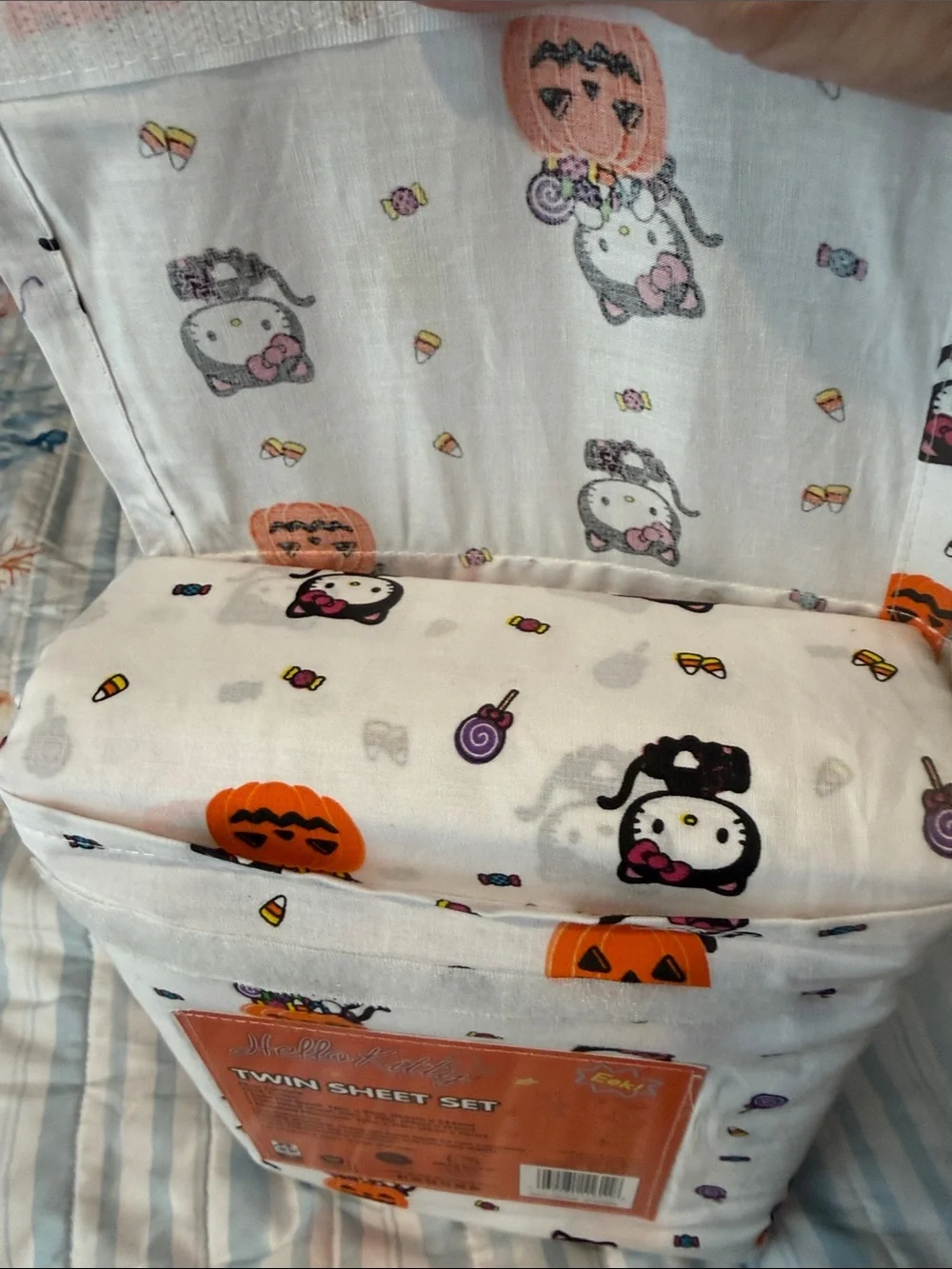 Hello Kitty White Sheet Set with Orange & Black Halloween Accents